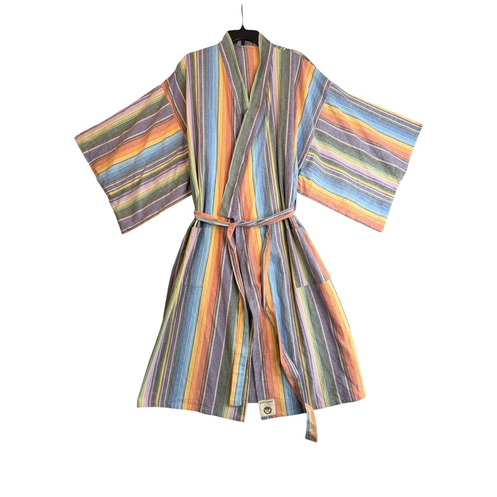 Siete Handmade Rainbow Striped Kimono Robe Multicolor Soft Cotton Boho Lounge